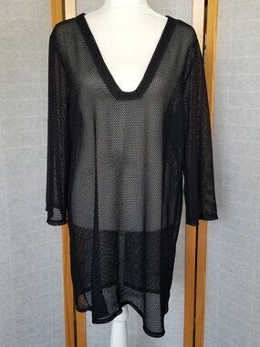Jordan Taylor Black Mesh Swim Cover-Up Size Large Beach Dress Long Sleeves